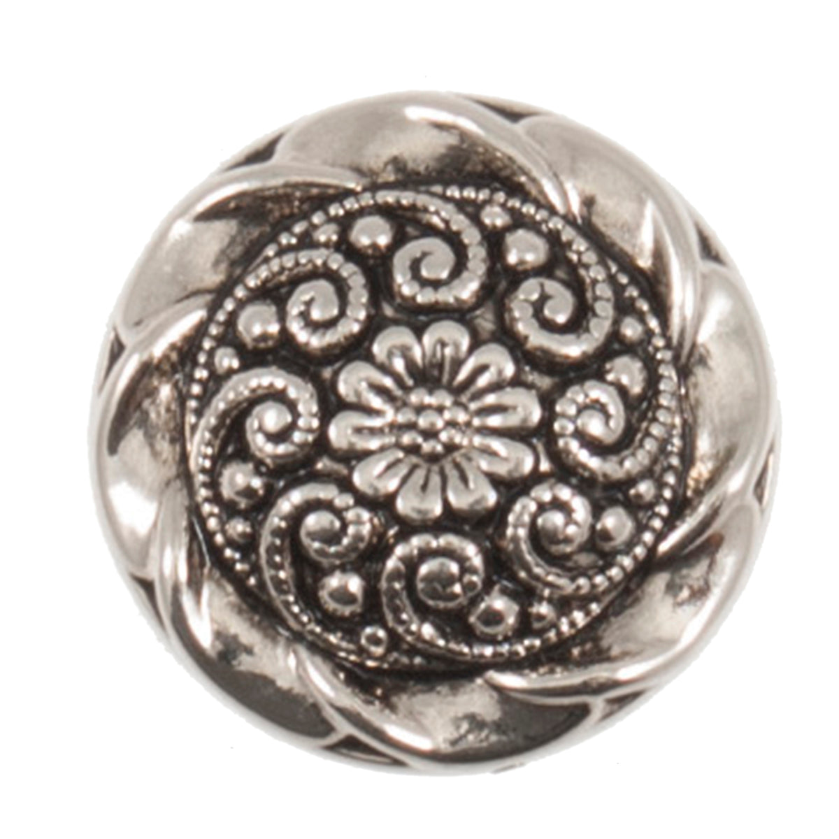 Silver-effect buttons with an ornate raised flower and swirl pattern