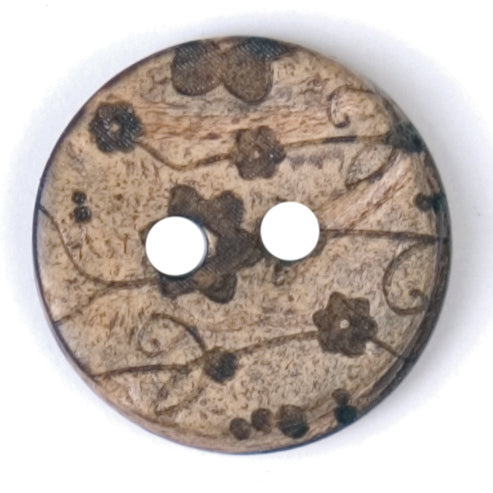 Natural brown 2-hole buttons printed with a dark flower and vine pattern