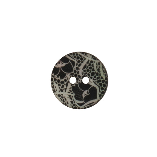 Black 2-hole buttons printed with a grey lace and flower pattern