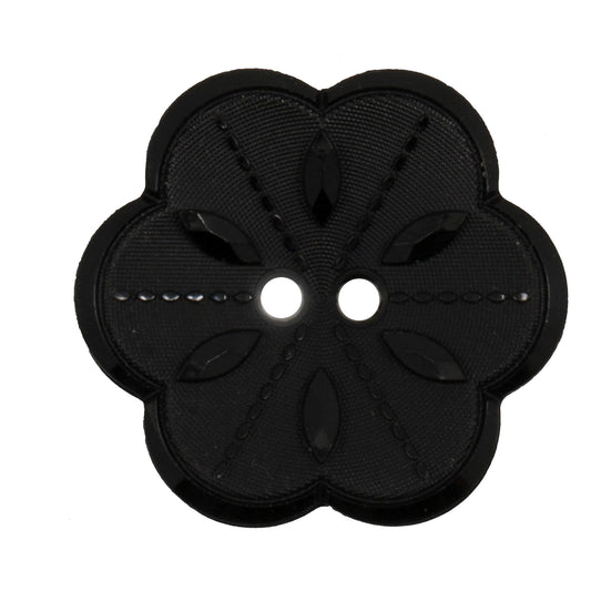 Large black flower-shaped 2-hole button with textured petals
