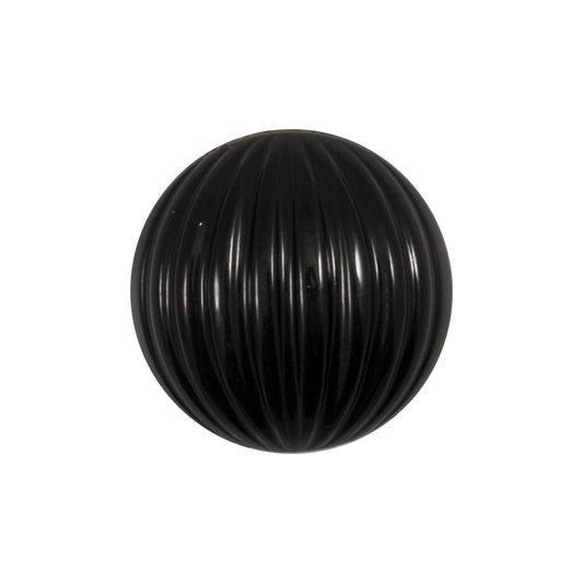 Glossy black domed button with a ribbed finish