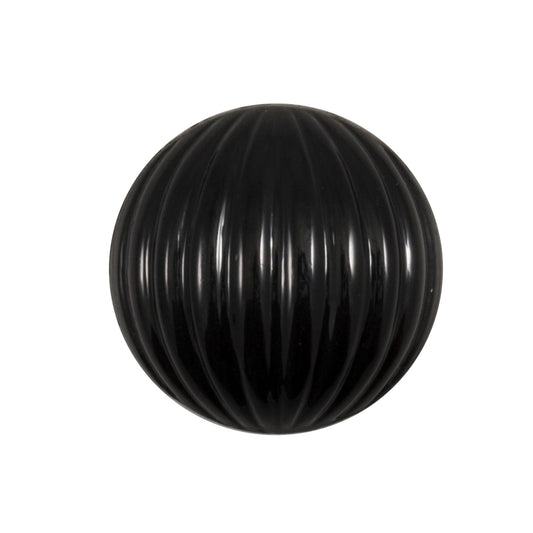 Glossy black domed button with a ribbed finish