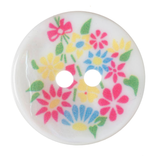 Pearly white 2-hole buttons printed with pink, yellow and blue flowers