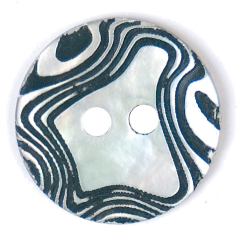 Pearlescent button with black swirl pattern and two holes