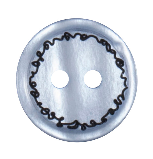 Pale blue pearlescent button with black stitch-effect ring