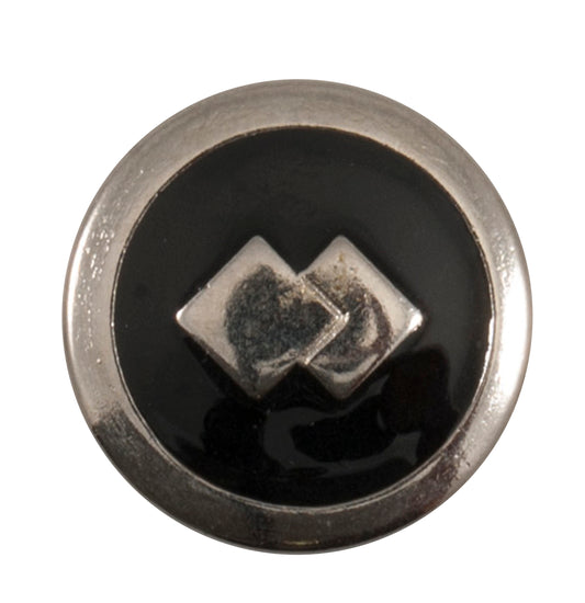 Black button with silver rim and twin diamond motif