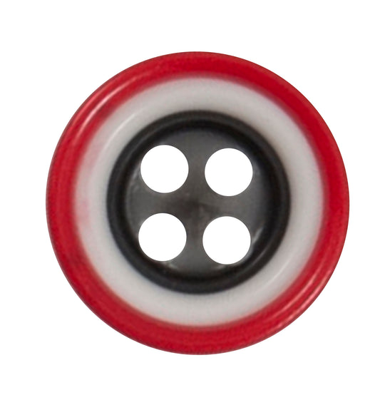 Red, white and grey button with four holes