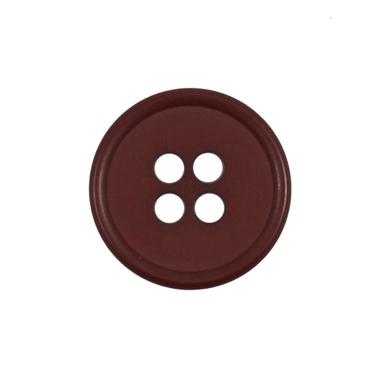 Burgundy round button with four holes and a raised rim, 17mm