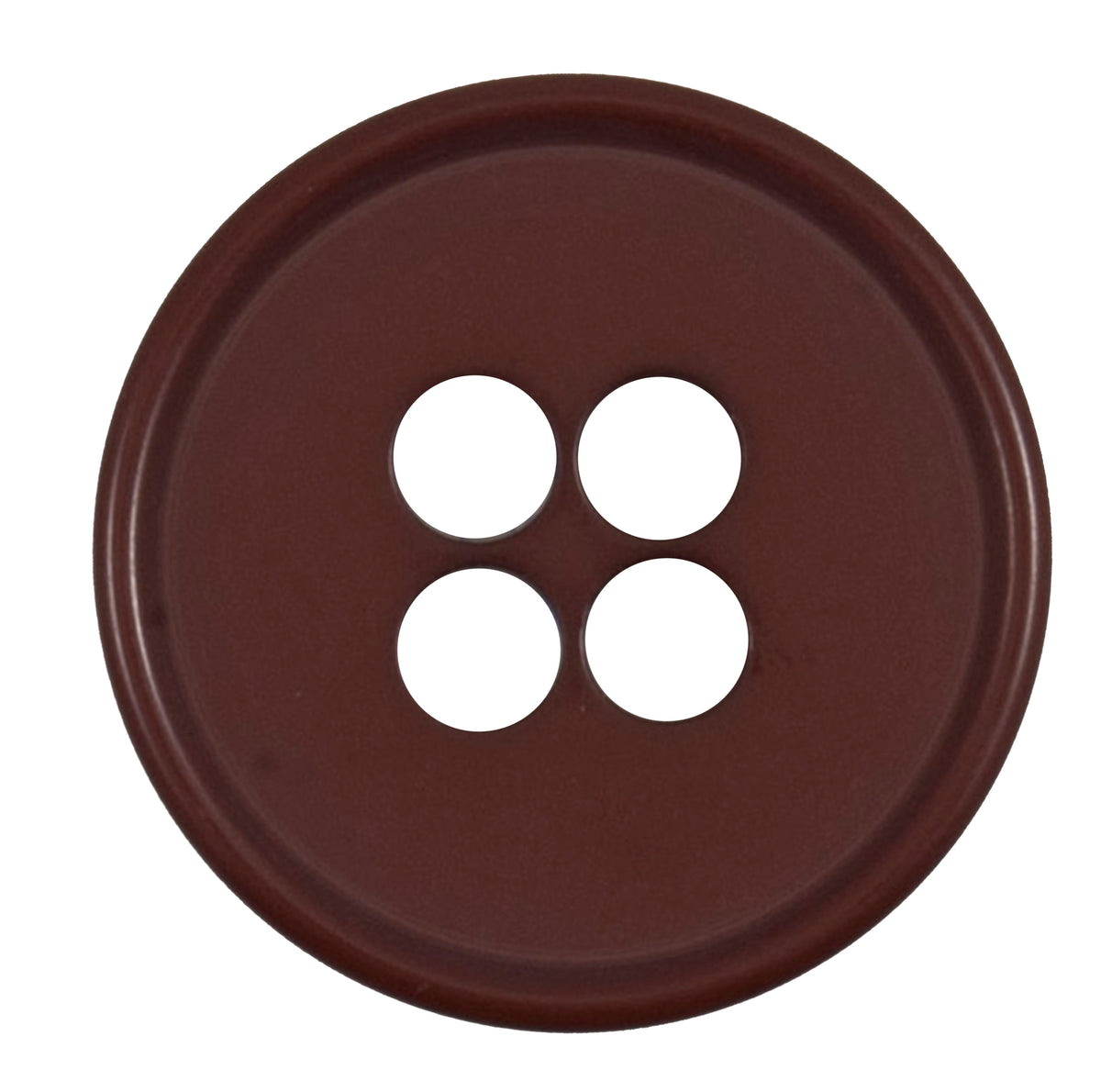Burgundy round button with four holes and a raised rim, 27mm