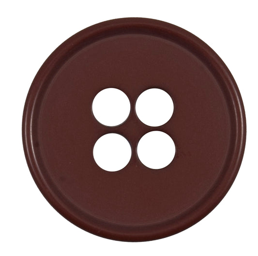 Burgundy round button with four holes and a raised rim, 27mm