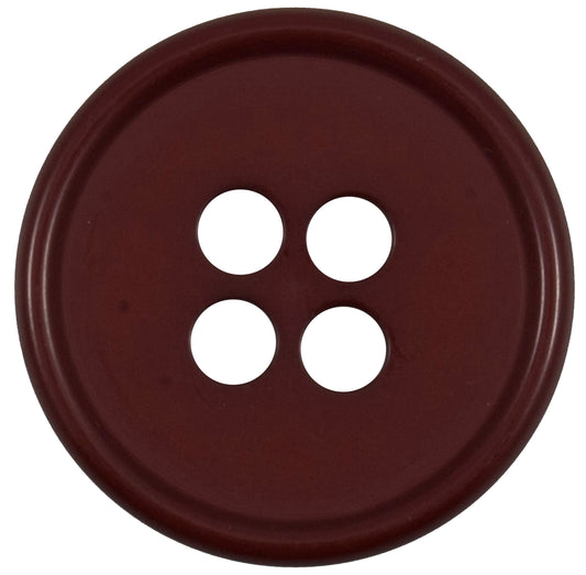 Burgundy round button with four holes and a raised rim, 34mm