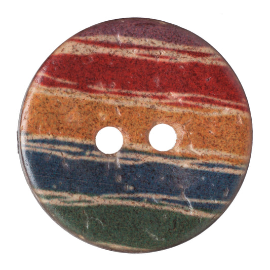 Round two-hole button with red, orange, blue and green stripes, 20mm