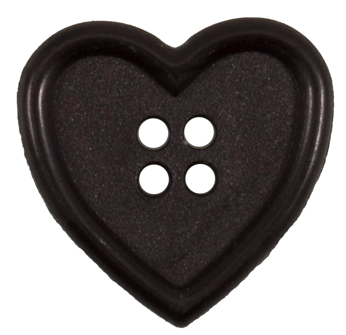 Dark brown heart-shaped button with four holes and a raised rim, 22mm
