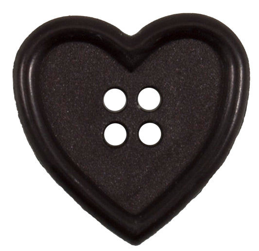 Dark brown heart-shaped button with four holes and a raised rim, 22mm
