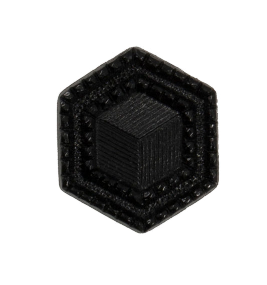 Black hexagon-shaped shank button with a textured cube design, 20mm