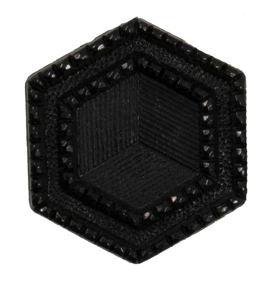Black hexagon-shaped shank button with a textured cube design, 25mm