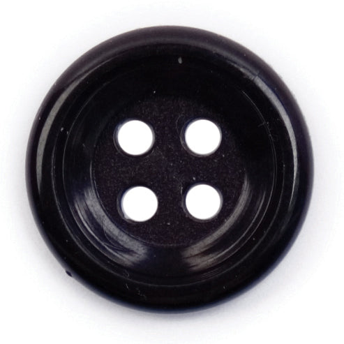 Glossy black round button with four holes and a raised rim, 16mm