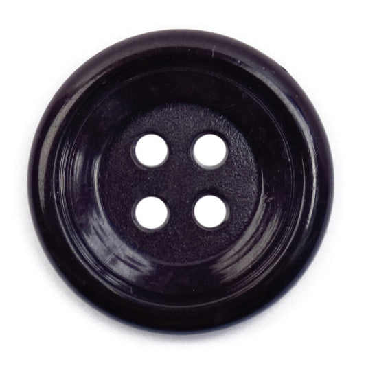 Glossy black round button with four holes and a raised rim, 19mm