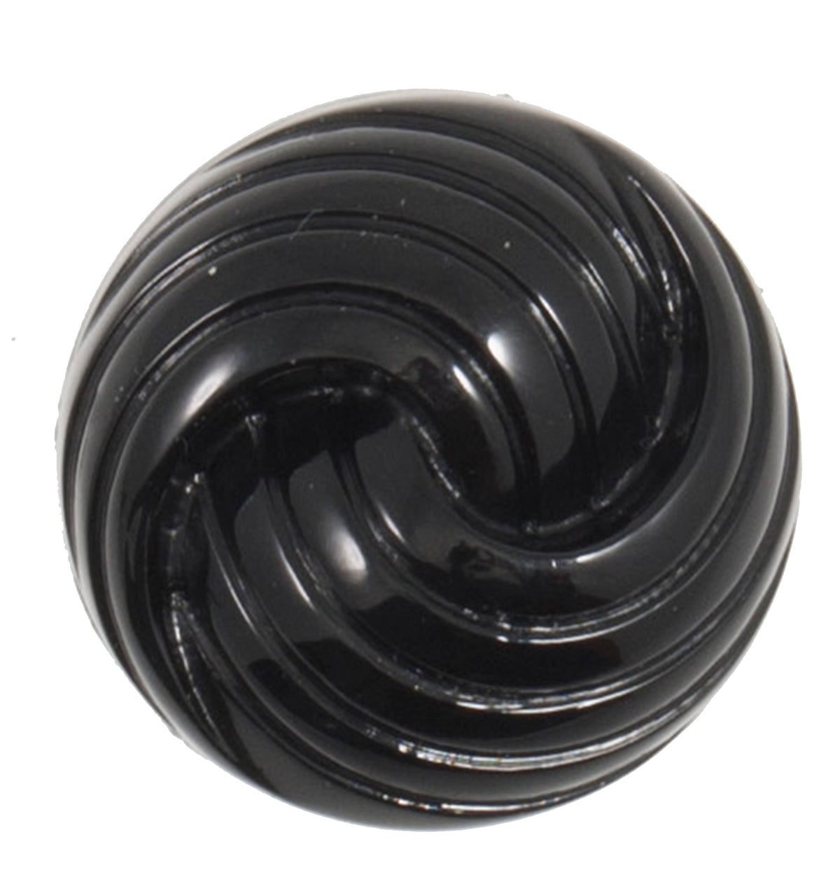 Glossy black domed shank button with a swirl design, 22mm