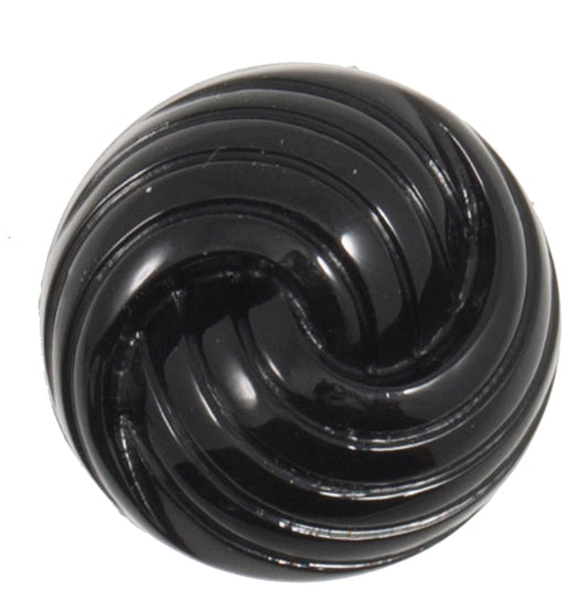 Glossy black domed shank button with a swirl design, 22mm