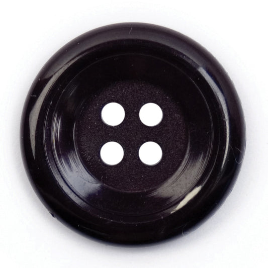 Glossy black round button with four holes and a raised rim, 22mm