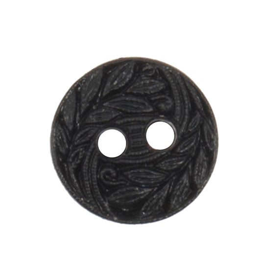 Black round two-hole button with an embossed leaf pattern, 12mm