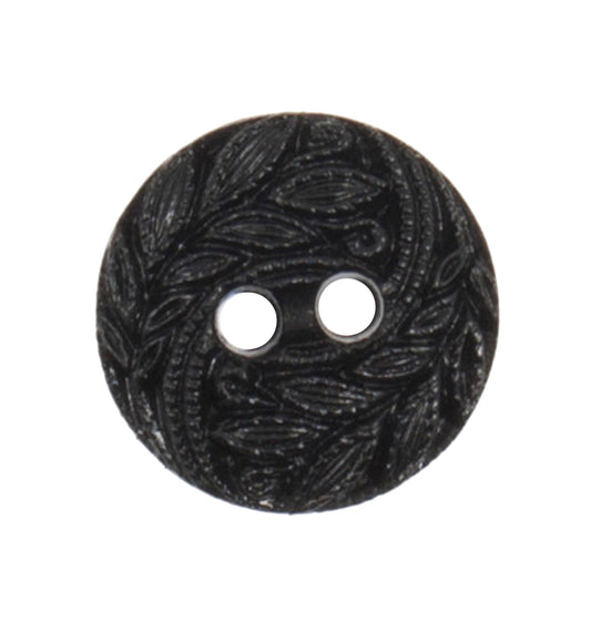 Black round two-hole button with an embossed leaf pattern, 15mm