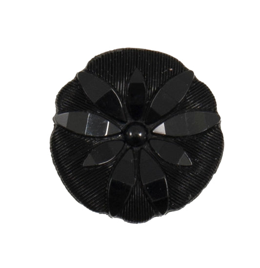 Black shank button with a faceted flower design, 20mm