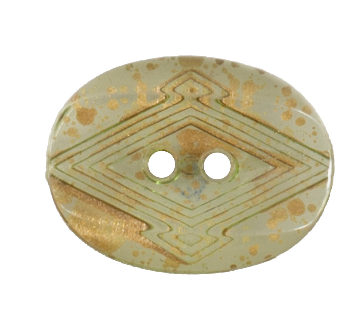 Sage green oval two-hole button with a gold-flecked diamond pattern, 22mm