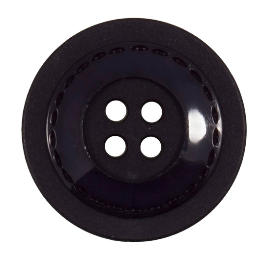 Glossy black four-hole button with stitch-effect detail