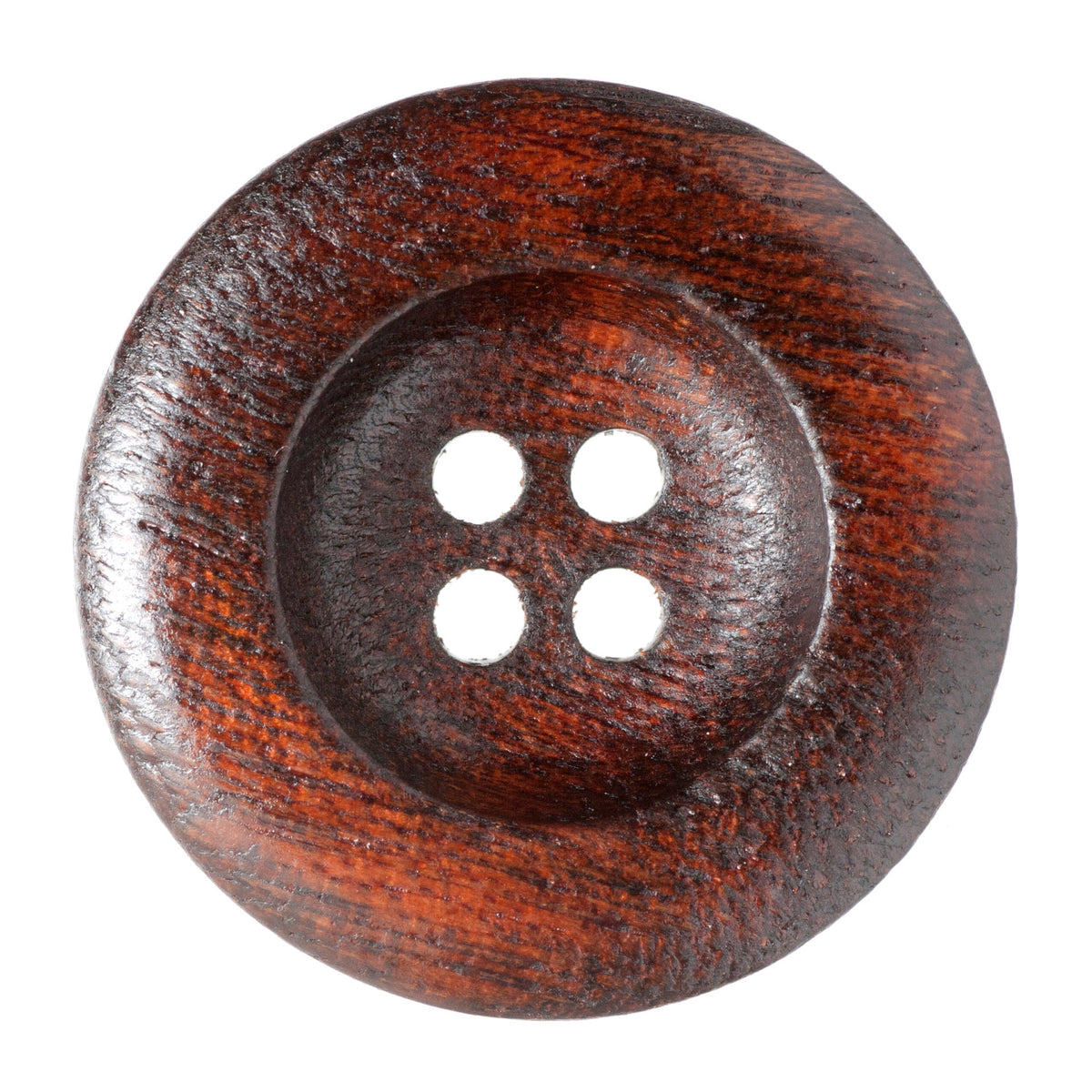 Dark brown wood-grain four-hole button with a rounded rim