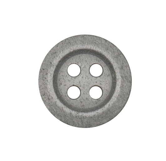 Pewter grey button with a raised rim and a speckled metal-look finish