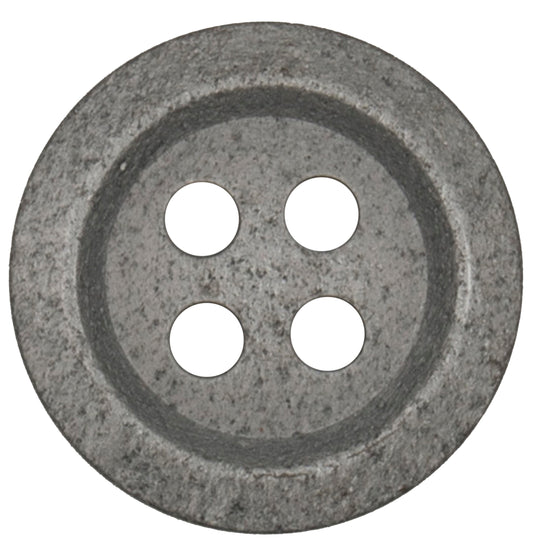 Pewter grey button with a raised rim and a speckled metal-look finish