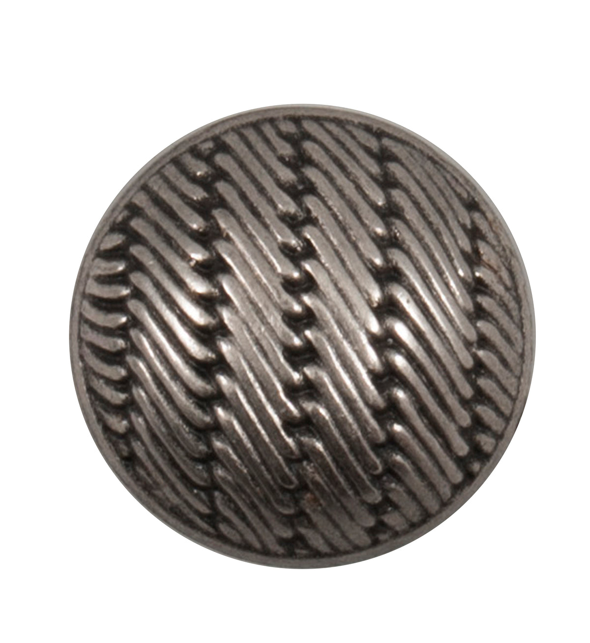 Domed antique silver-tone button with a diagonal rope pattern