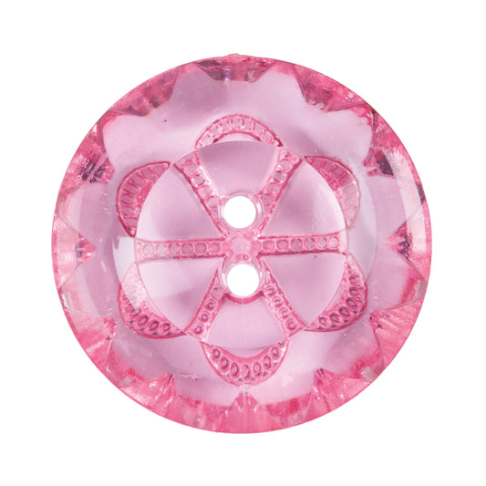 Translucent pink button with a faceted edge and a flower design