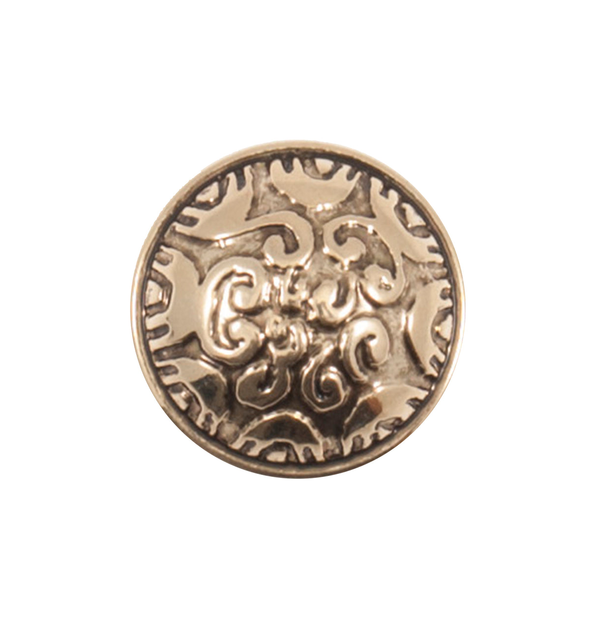 Round antique gold-tone button with embossed swirl pattern