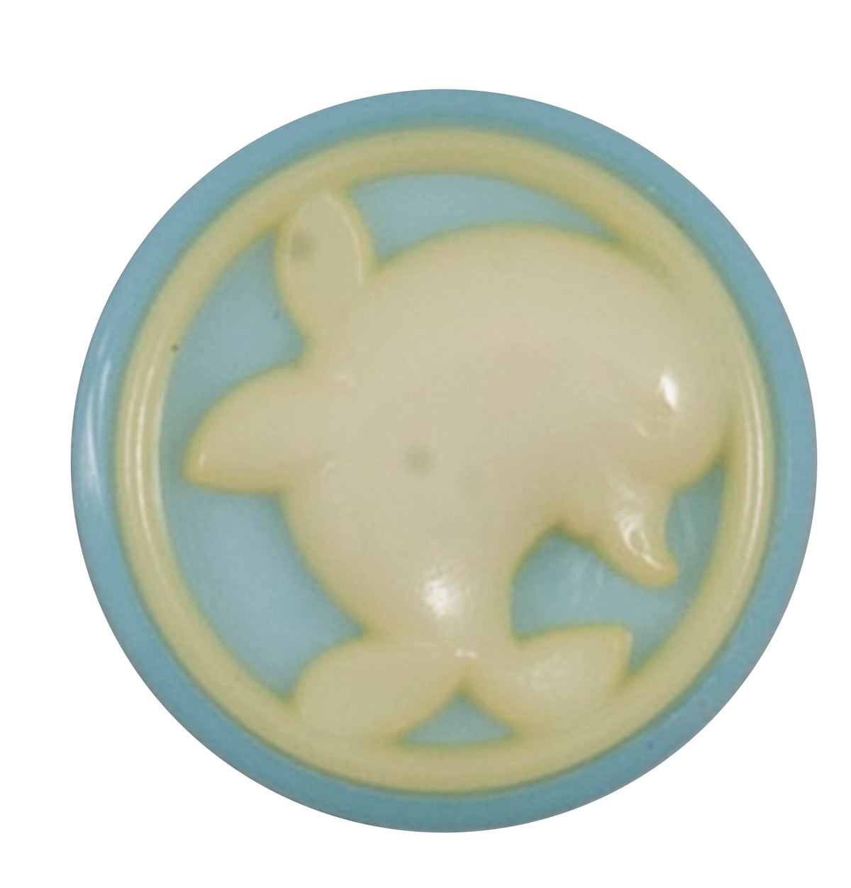 Round pale blue button with a cream bunny design