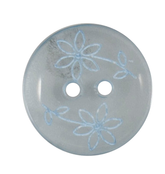Translucent pale blue button with an etched flower design
