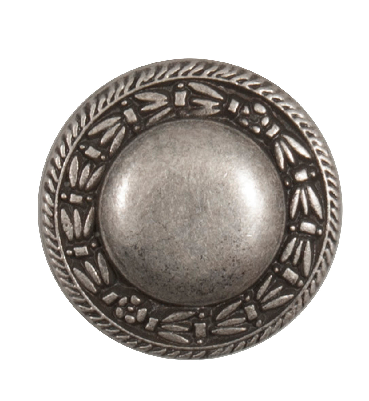 Antique silver-tone button with a domed centre and a patterned border