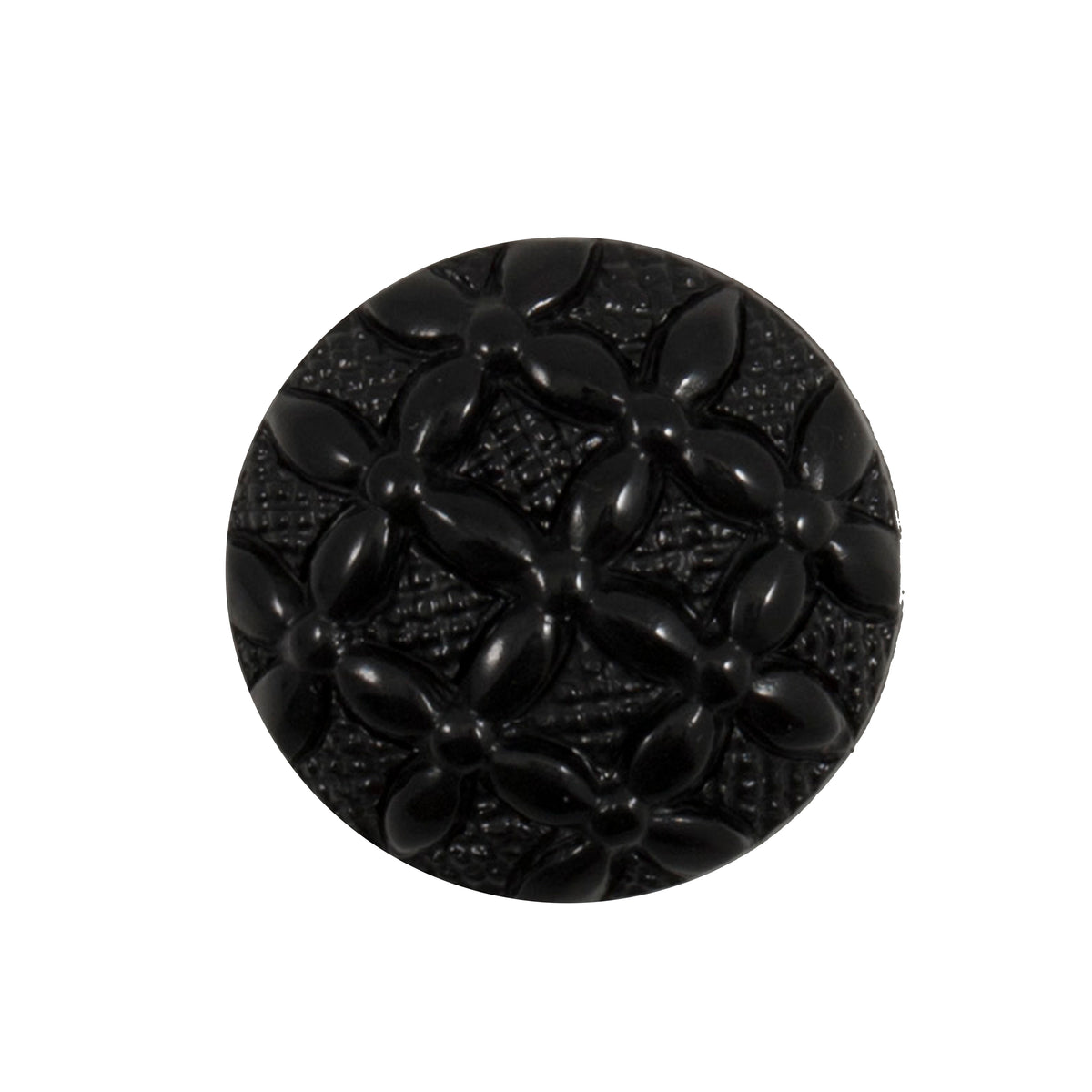 Black button with a raised flower pattern
