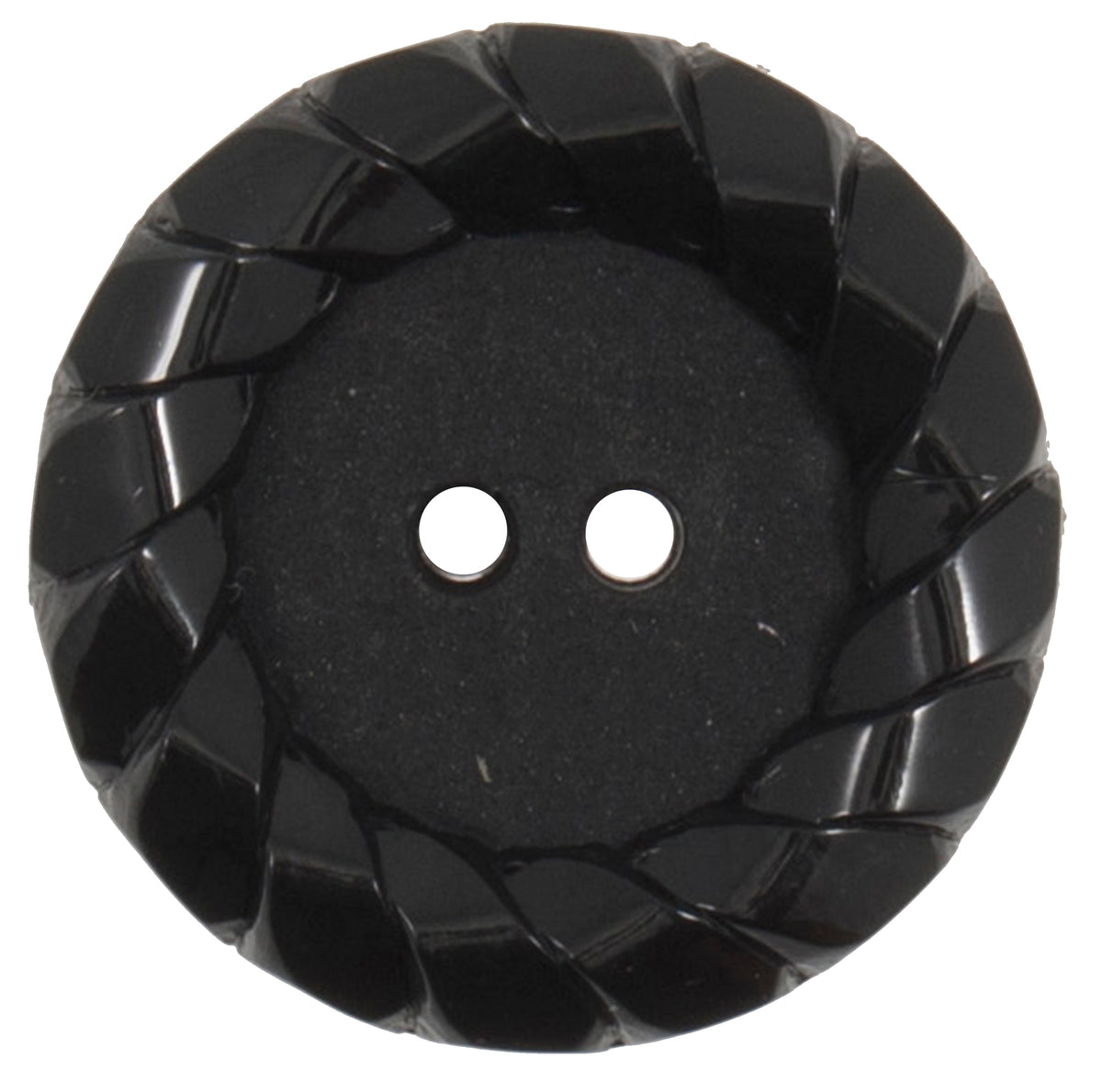 Black two-hole button with a twisted rope-effect rim