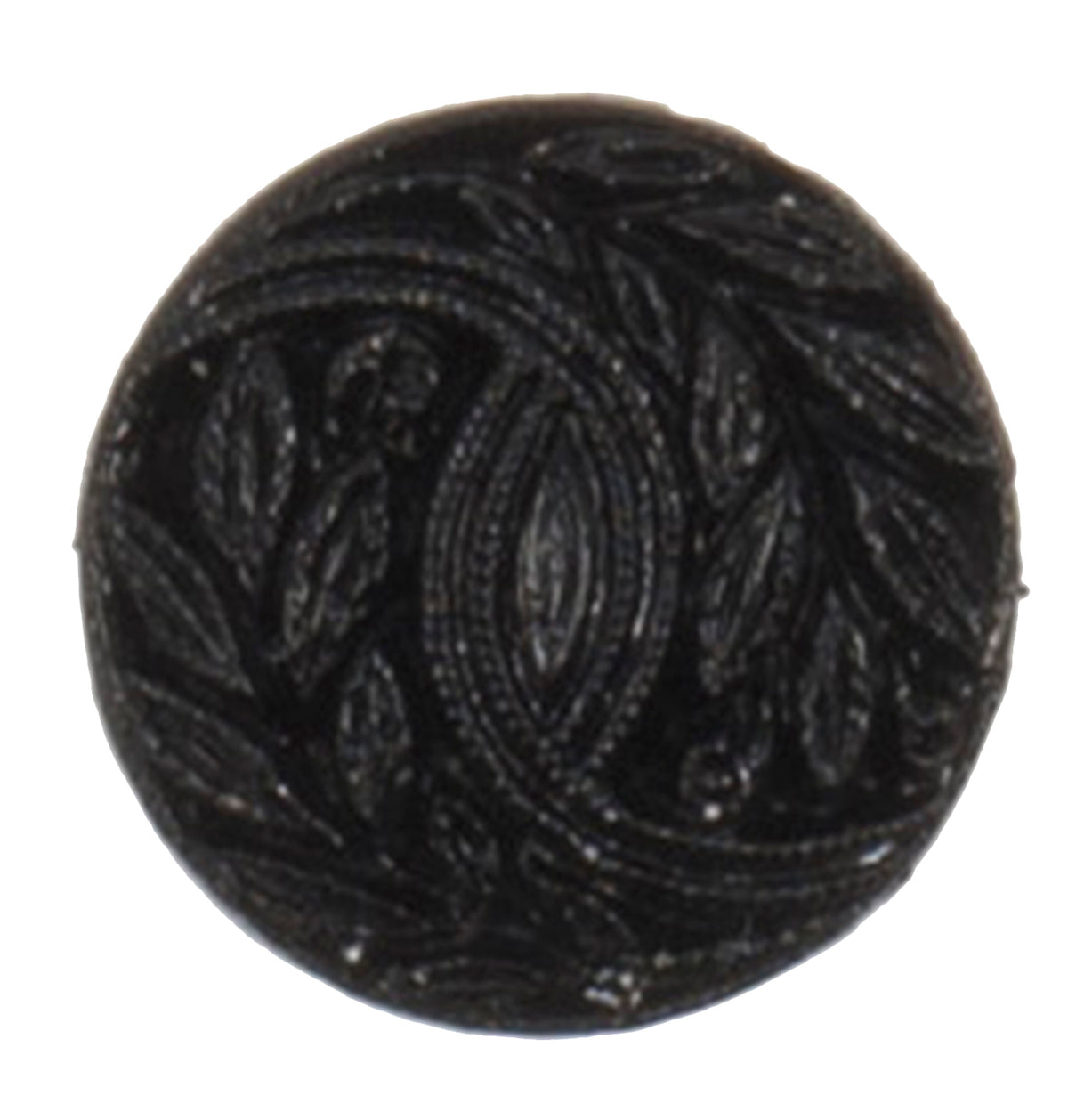 Small round black button with an embossed leaf pattern