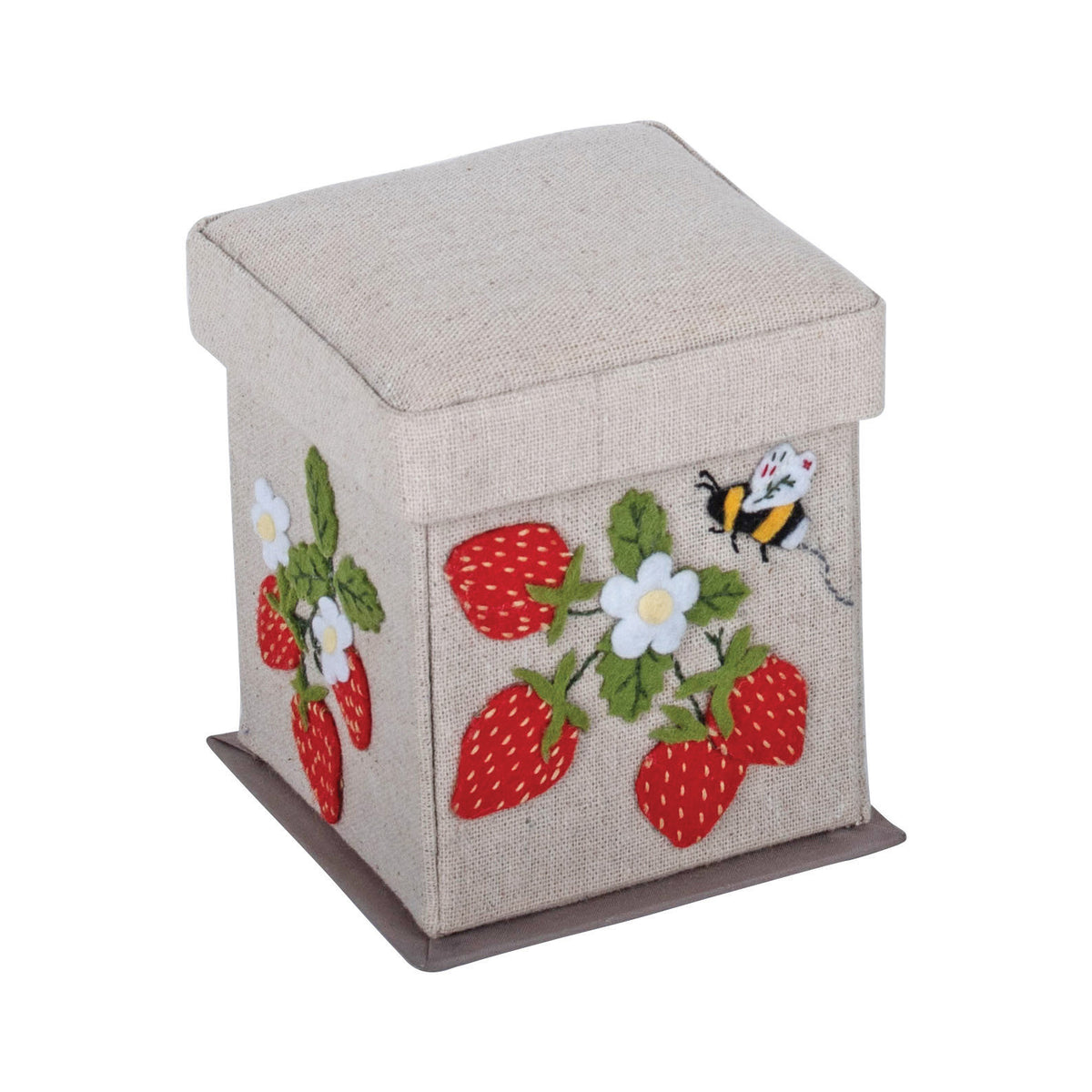 Square fabric sewing kit box with embroidered strawberry greenhouse applique