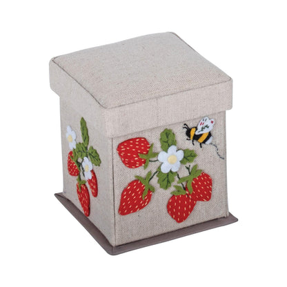 Square fabric sewing kit box with embroidered strawberry greenhouse applique