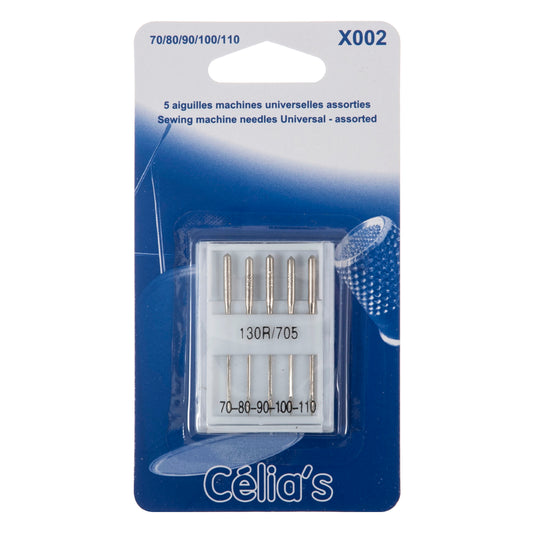 Celia's pack of 5 universal sewing machine needles on blue card
