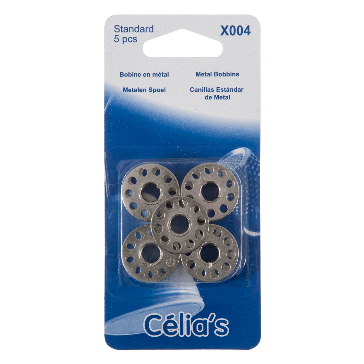 Five metal sewing machine bobbins in blister pack