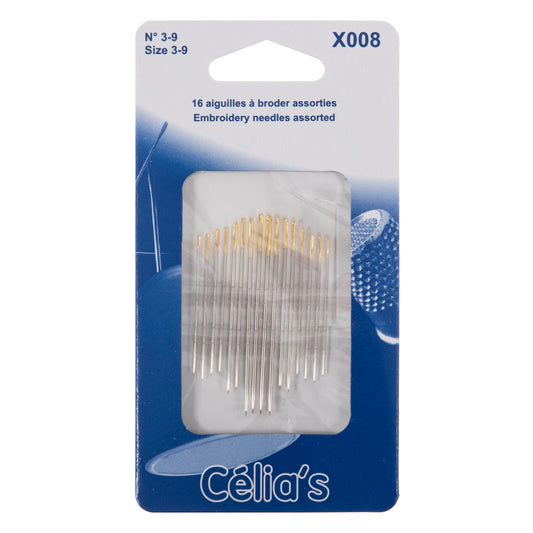 Pack of 16 embroidery hand needles on blue Celia's card