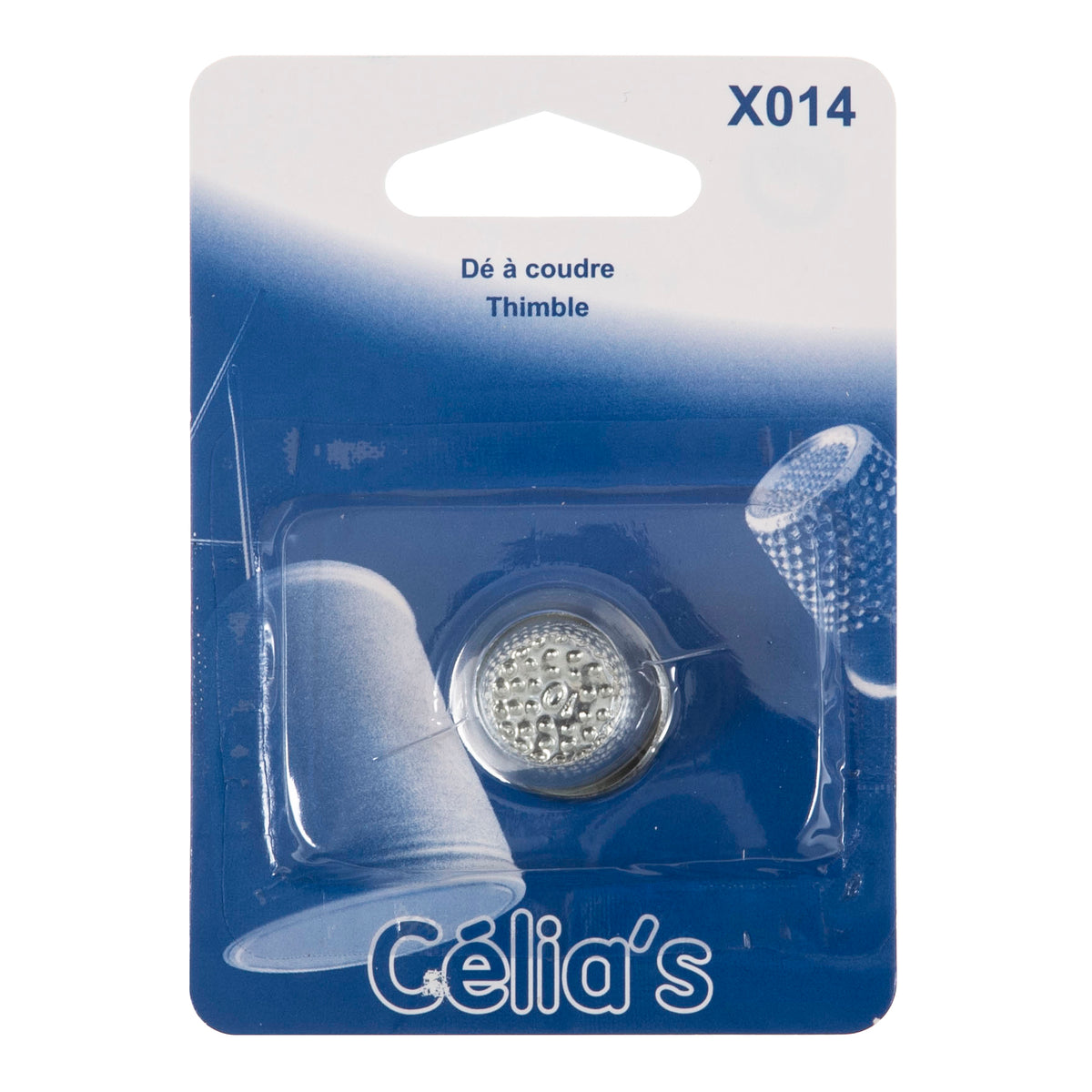 Silver metal thimble on blue Celia's card