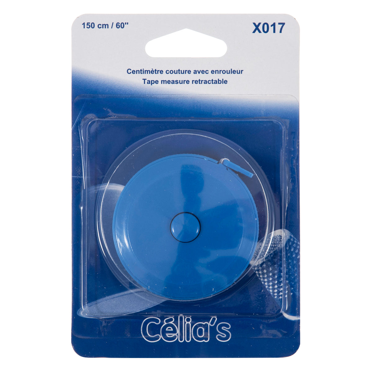 Blue retractable tape measure in blister pack