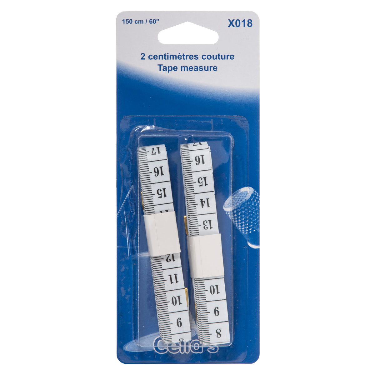 Two white flexible tape measures on blue card